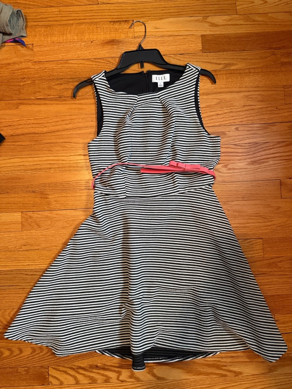 Elle Black and White Striped Fit-and-Flare Dress with Pink Belt